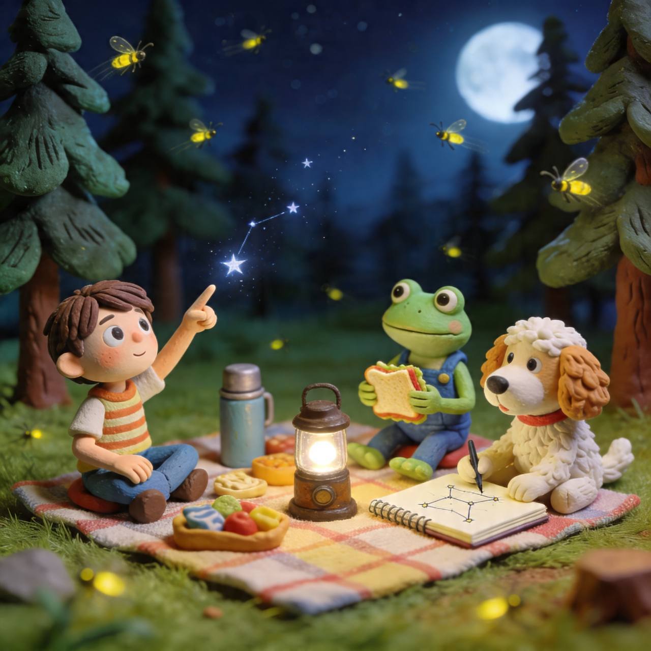 Handmade storybook characters gathering beneath fireflies and a moonlit sky