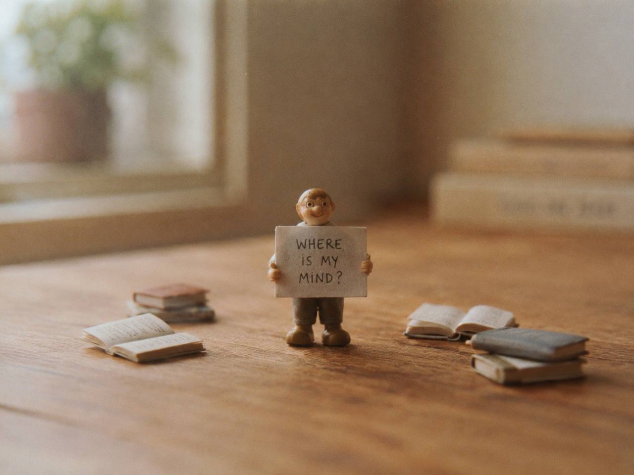 A small figure holding a Where is my mind sign among miniature books